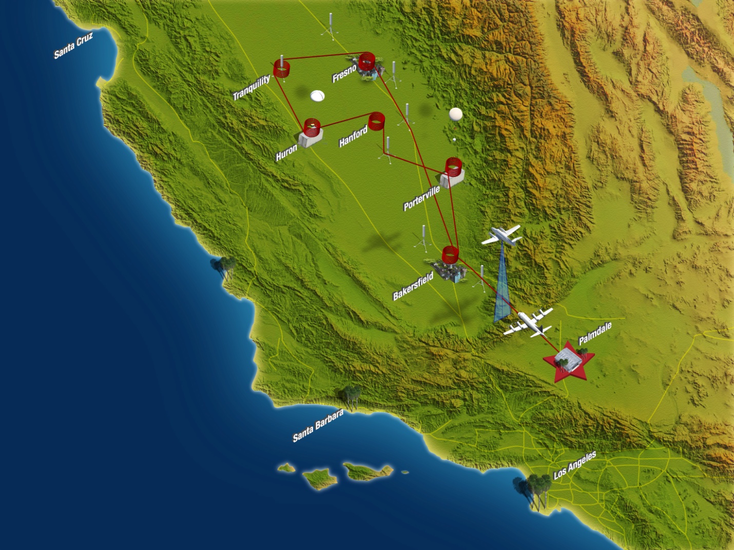 Map of the 2013 California DISCOVER-AQ measurements, including the flight track of the P3-B (shown in red) as well as other ground and airborne measurements.